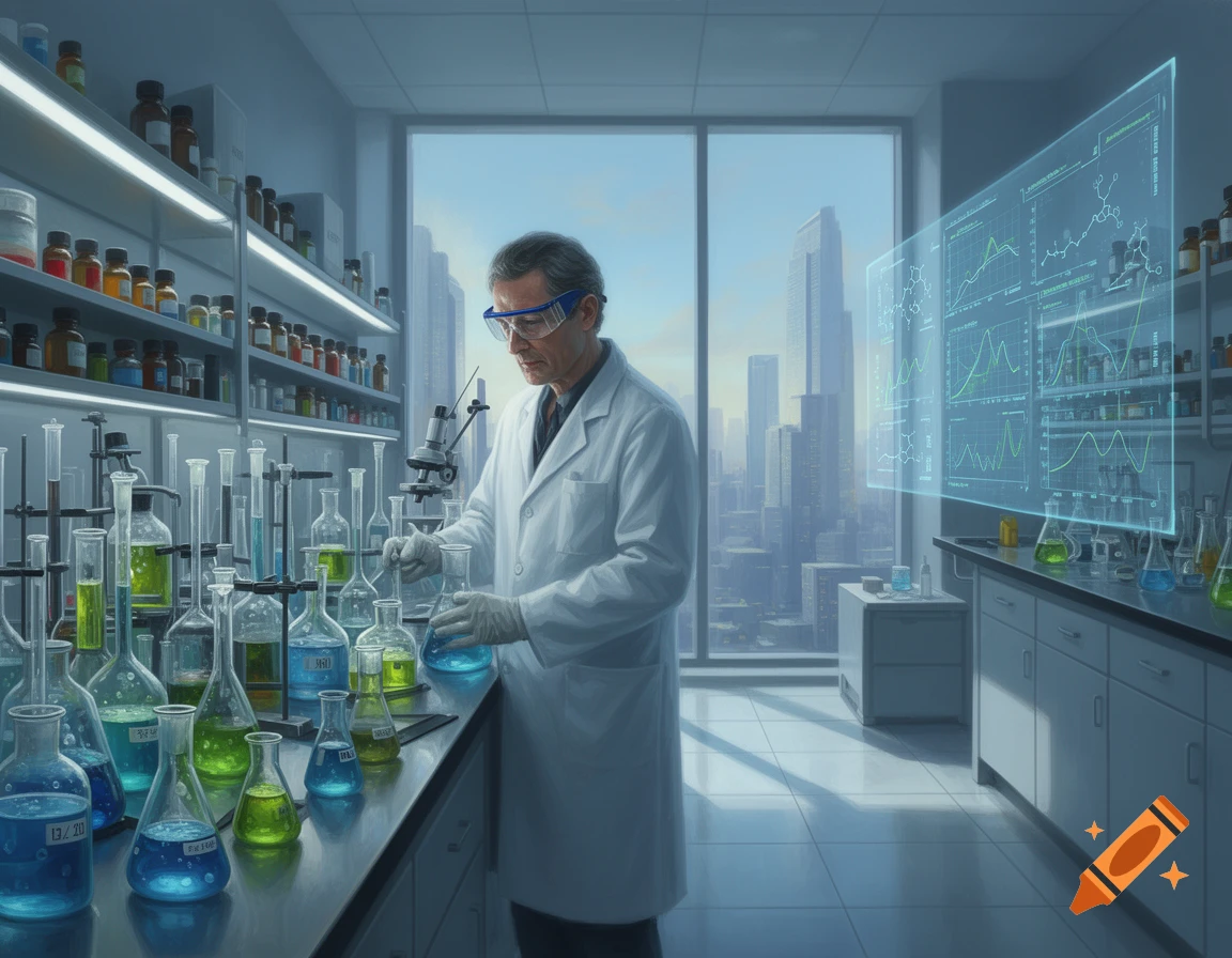 A male chemist in a white lab coat and safety goggles works with beakers and a microscope in a futuristic lab with a city view and holographic data displays.