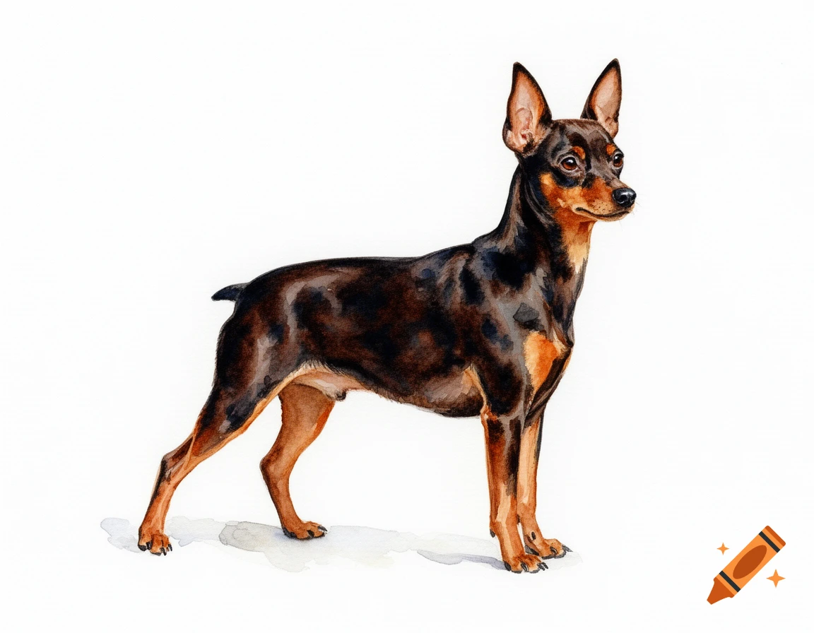 A detailed watercolor painting of a brown and black Prague Ratter dog standing on a white background.