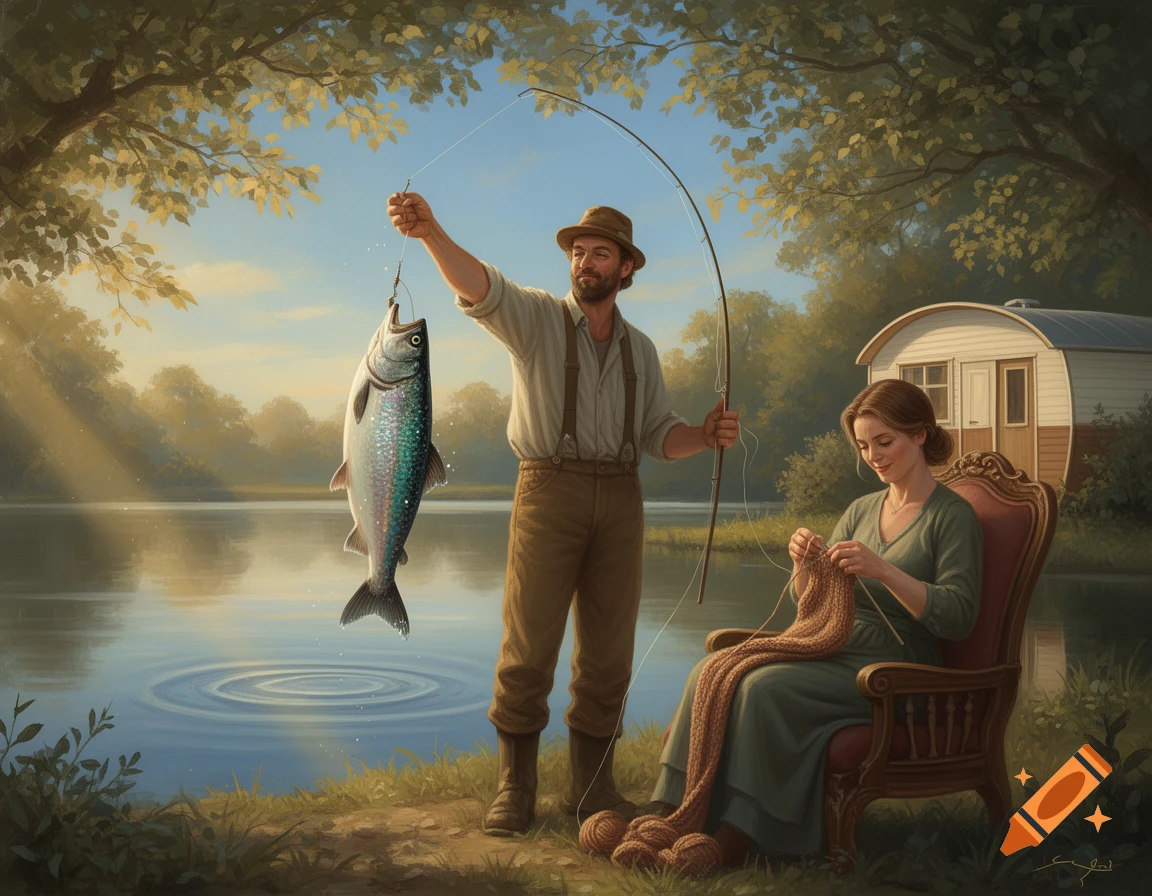 A man holds a large fish on a line by a lake, while a woman knits in a chair nearby, with a caravan in the background.