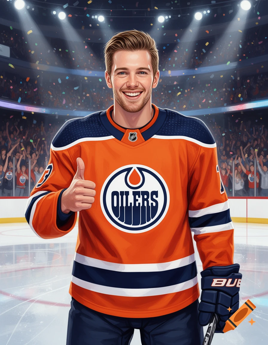 Smiling male hockey player in an orange and blue Oilers jersey gives a thumbs up on an ice rink in a stadium.