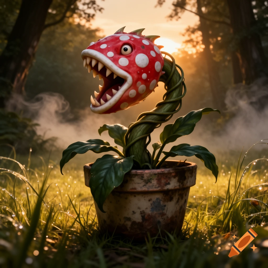 A photorealistic Piranha Plant in a rustic pot sits in dewy grass, with a misty forest and sunset in the background.