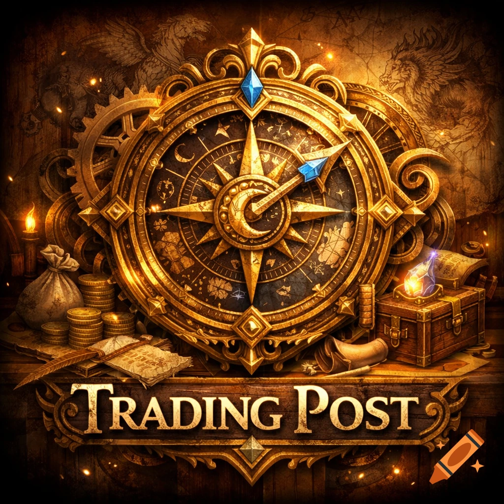 Ornate golden compass with blue gems, surrounded by coins, treasure chest, and quill, with 'TRADING POST' text.