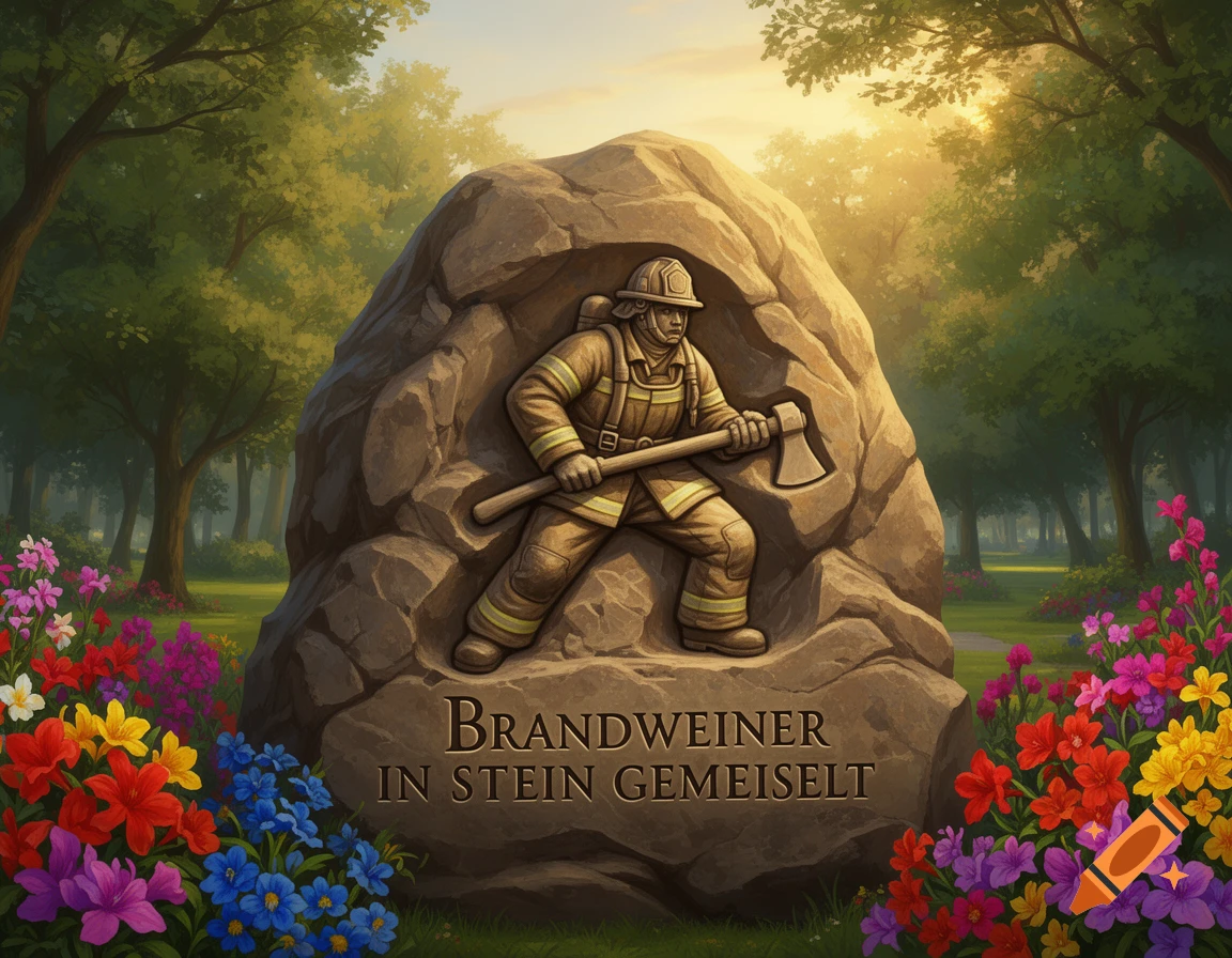 Stone carving of a firefighter with an axe in a large rock monument, surrounded by vibrant flowers and trees in a sunny forest.