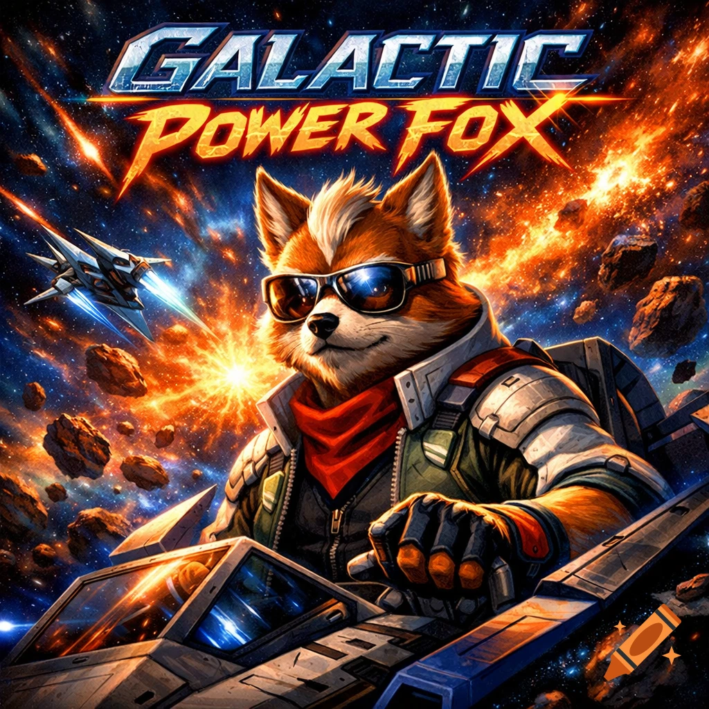 A fox in sunglasses pilots a spaceship through a fiery asteroid field, with 'GALACTIC POWER FOX' text, in a power metal album cover style.