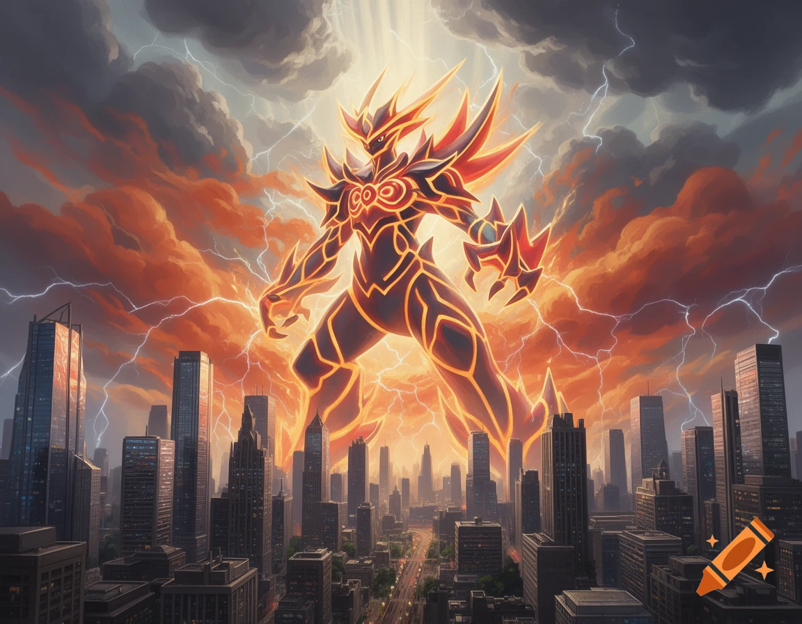 A colossal, glowing, red and black armored creature towers over a city skyline under a stormy, lightning-filled orange sky.