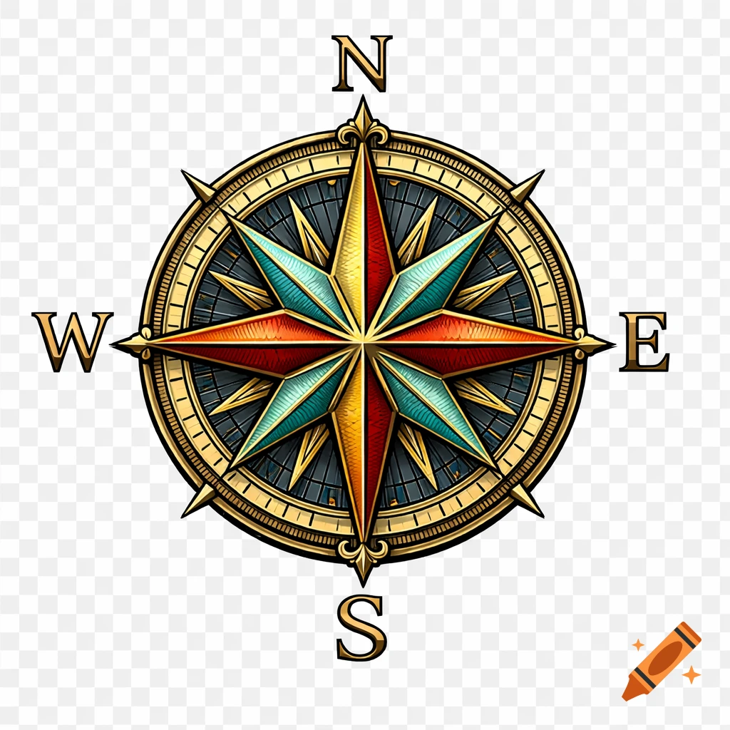 A detailed, colorful compass rose with N, E, S, W markings on a transparent background.