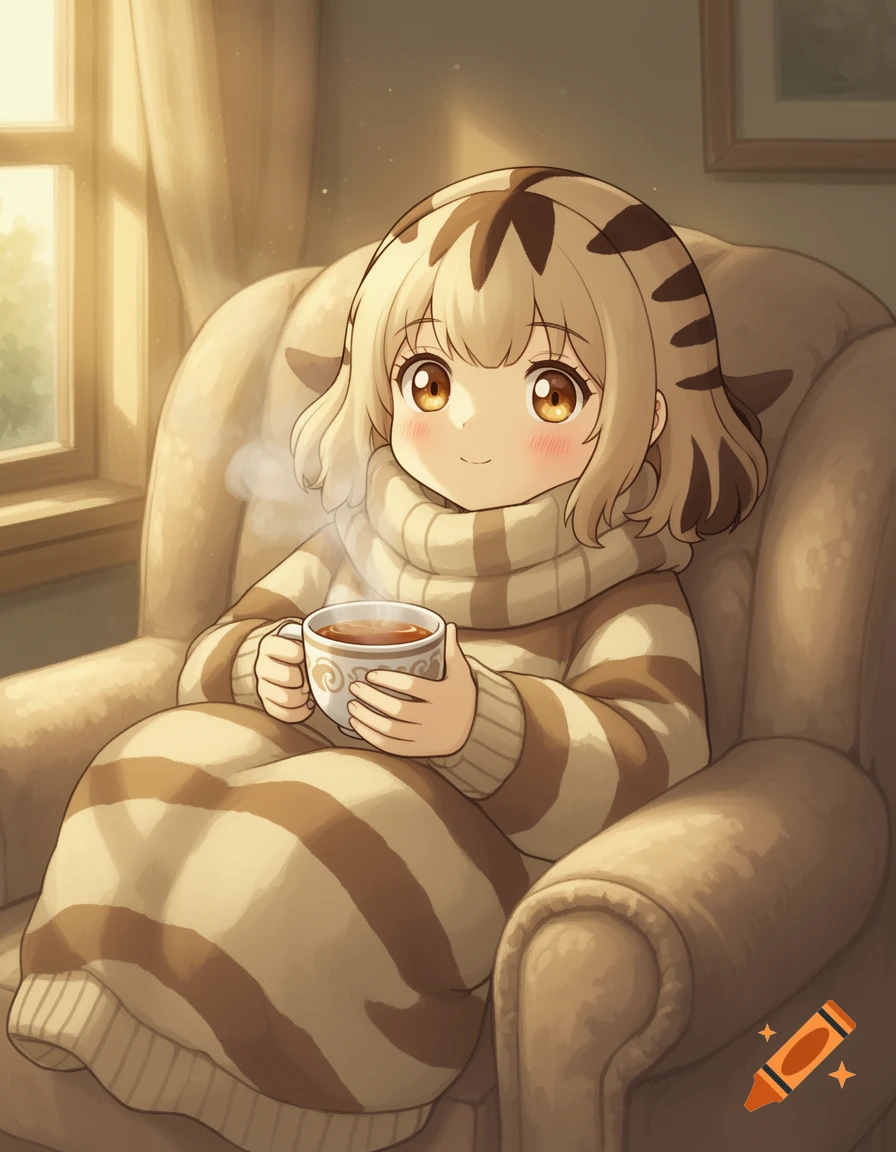 Anime girl with tabby-striped hair, in a striped sweater, holding a steaming tea cup in a cozy armchair by a sunlit window.