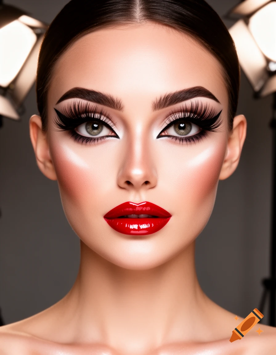 Close-up portrait of a woman with dramatic heavy makeup: bold winged eyeliner, long lashes, defined brows, and glossy red lips.