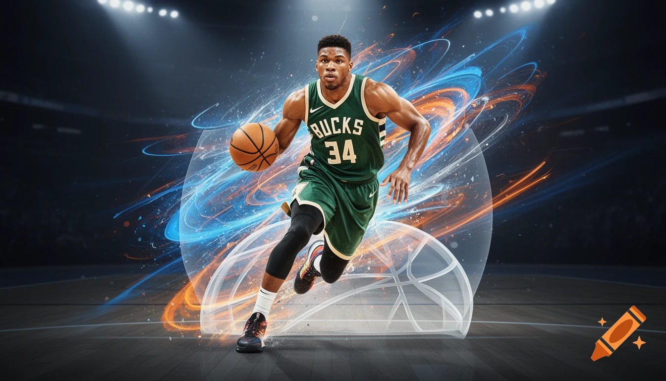 Giannis Antetokounmpo dribbling a basketball on a court with dynamic blue and orange energy effects.