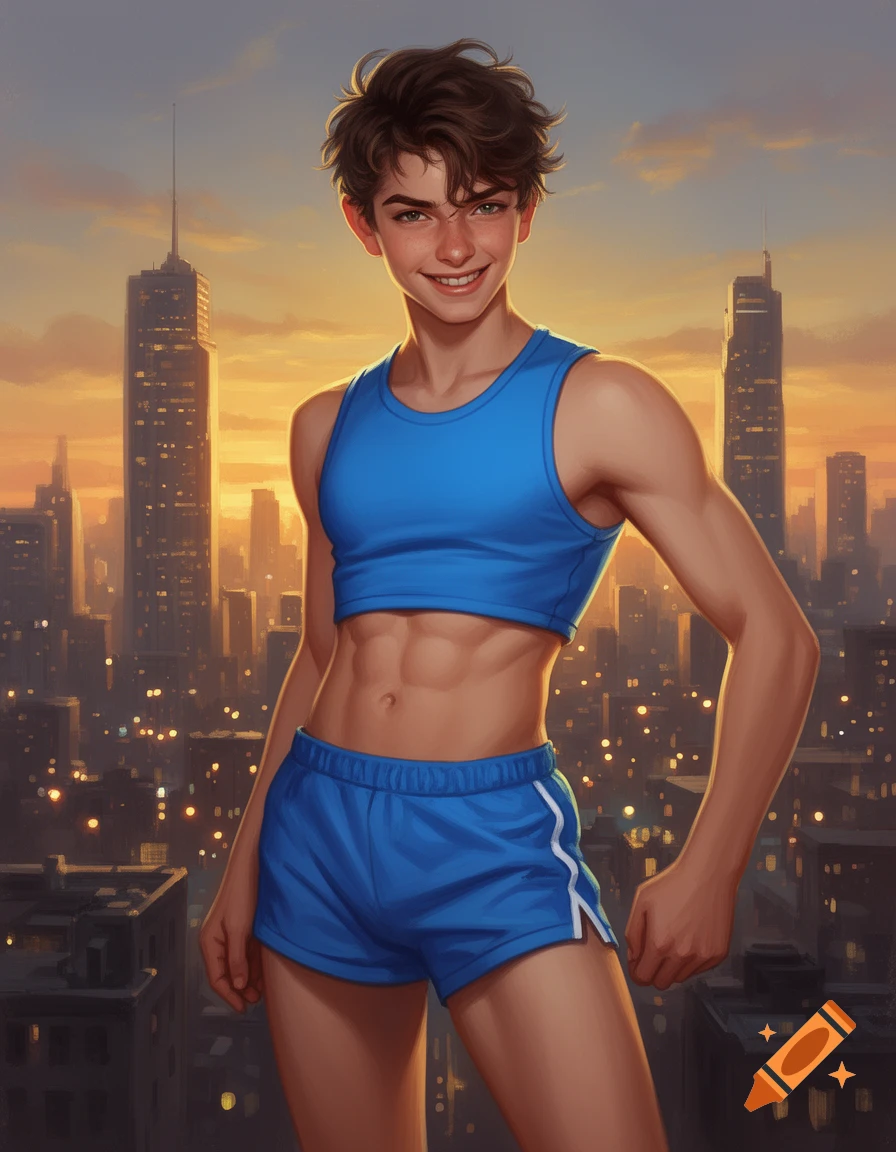 A smiling young man with short brown hair and green eyes, wearing a blue crop top and shorts, stands against a city skyline at sunset.