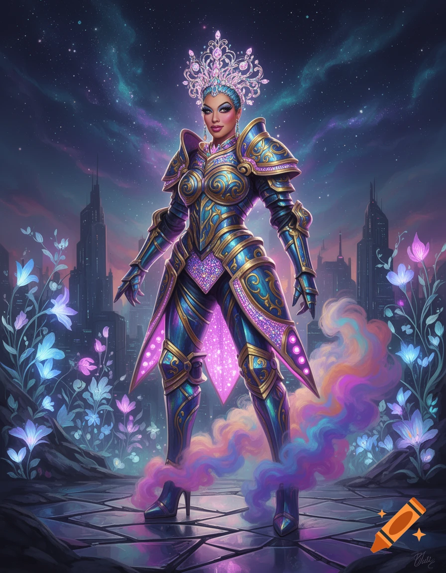 A drag queen in ornate, sparkling blue and gold futuristic knight armor and high heels stands against a starry cosmic city background.