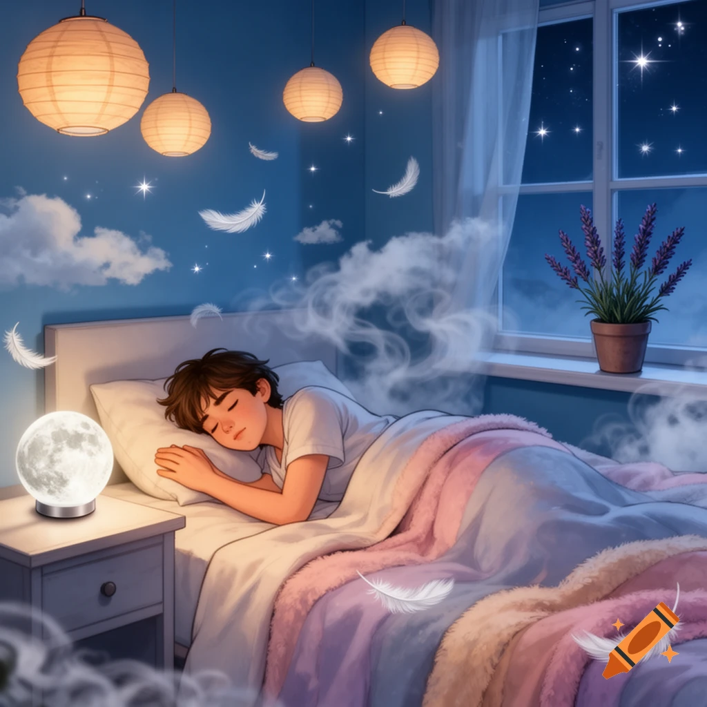 Illustrated image of a person sleeping soundly in a dreamy bedroom with a moon lamp, lanterns, stars, and floating feathers.