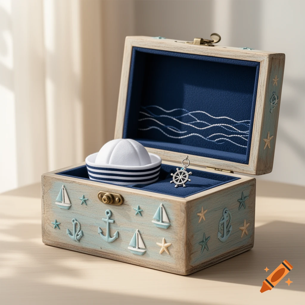 Open wooden memory box with a maritime theme, featuring decorative anchors, sailboats, and starfish, containing a white sailor hat ring holder and a ship's wheel charm.