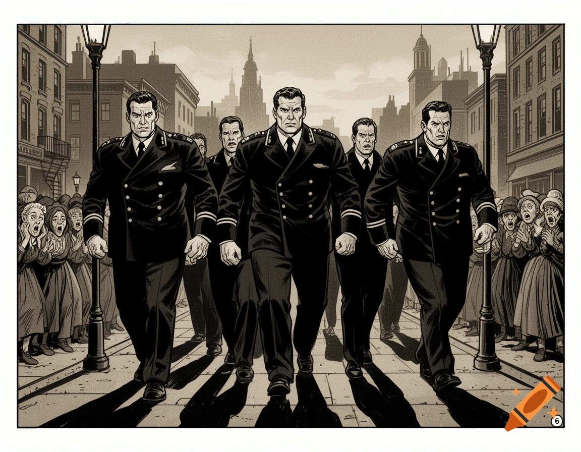 A group of stern men in black uniforms intimidate a fearful crowd on an old city street, in a comic strip style.