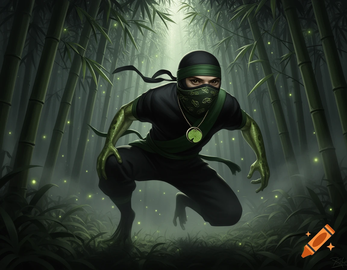 A frog ninja crouched in a mystical bamboo forest, illuminated by glowing fireflies, digital art.