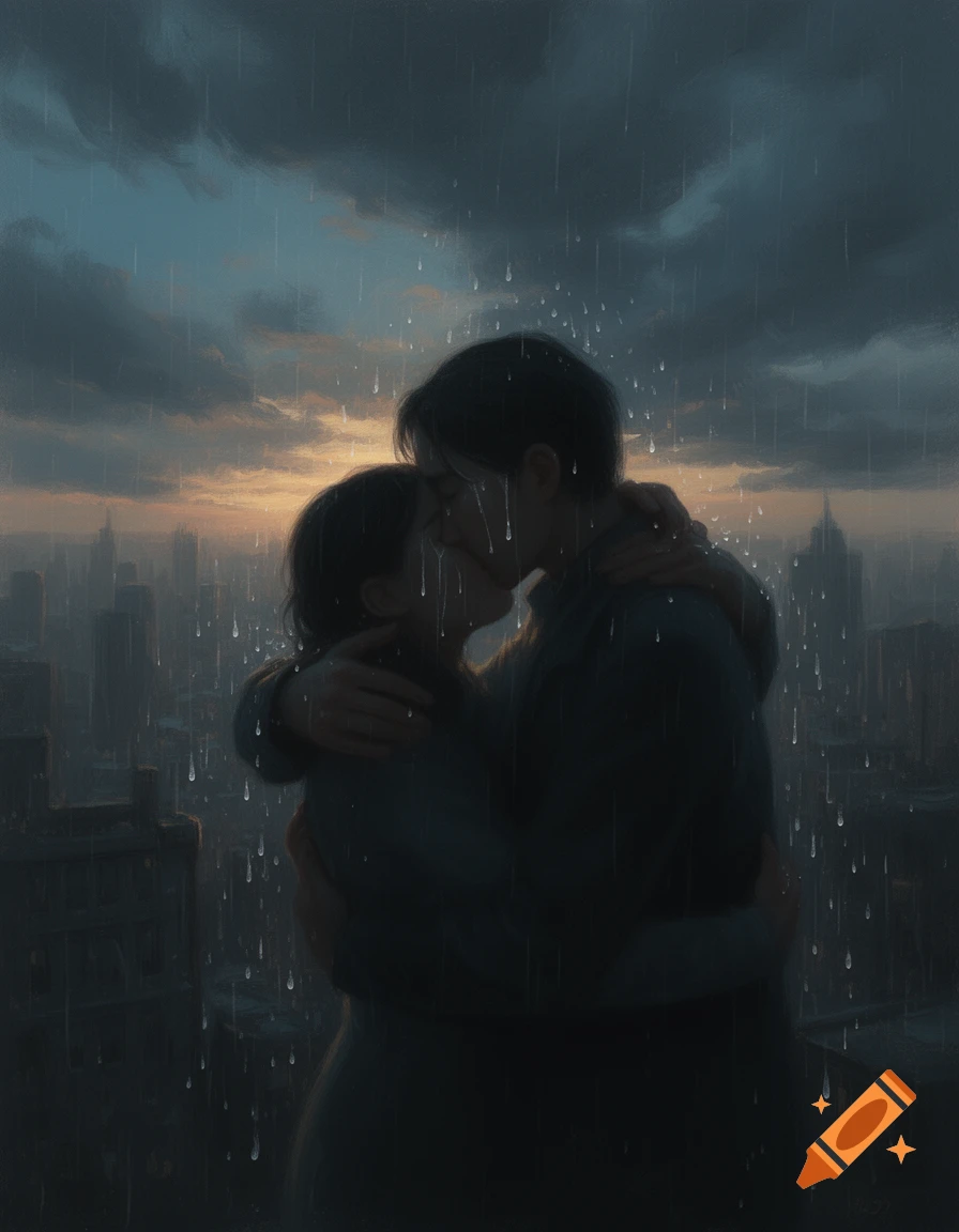 Painterly illustration of a couple kissing in the rain on a rooftop ...