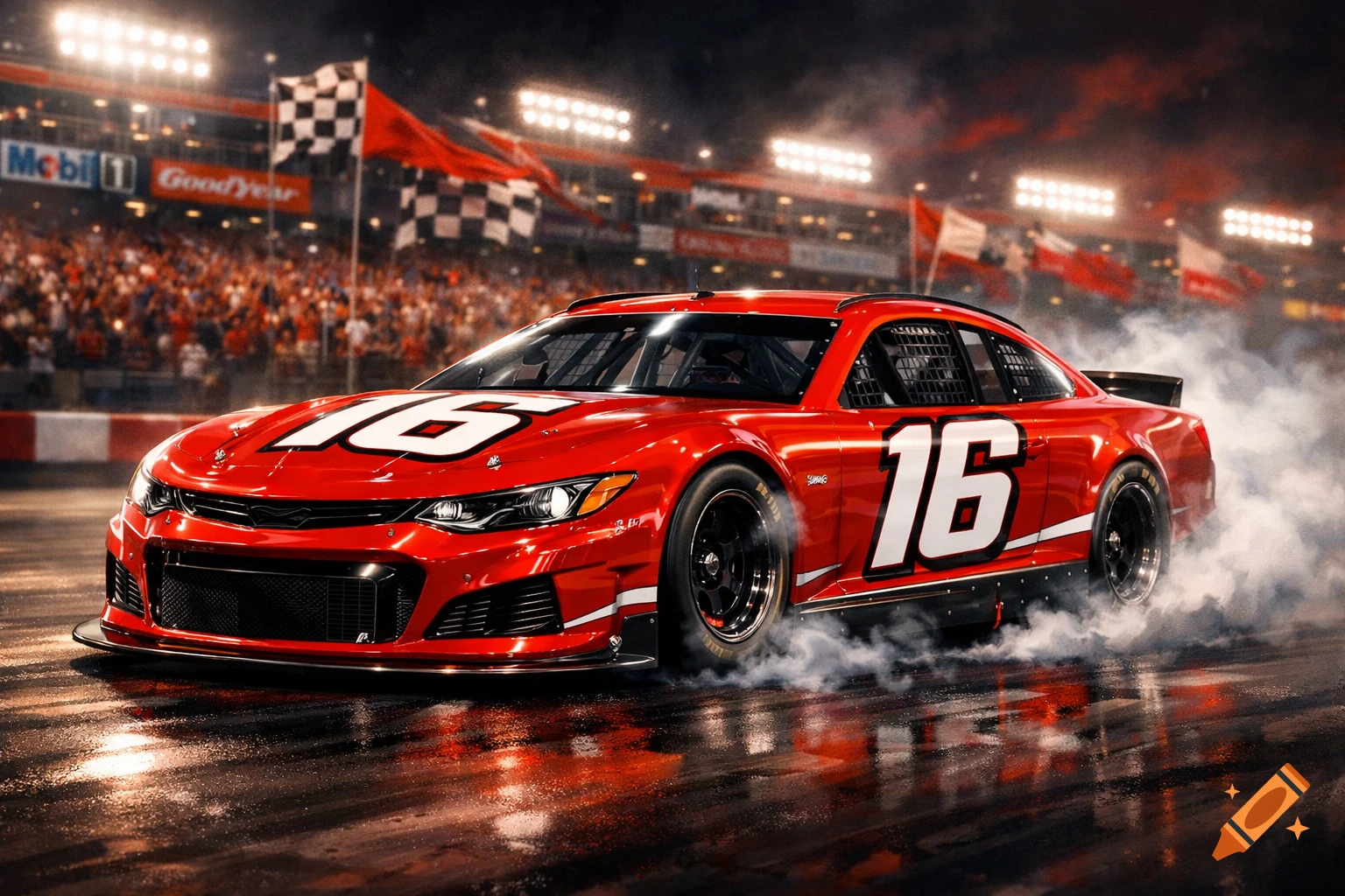 A red stock race car #16 with smoking tires on a wet track at a nighttime race, stadium lights, crowd, and flags in background.