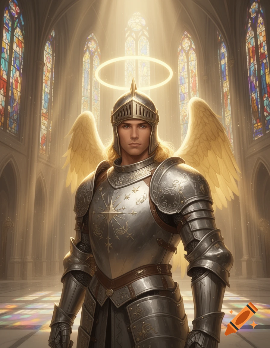 A majestic holy knight or angel in shining armor with a halo and golden wings stands in a sunlit church with stained glass windows.