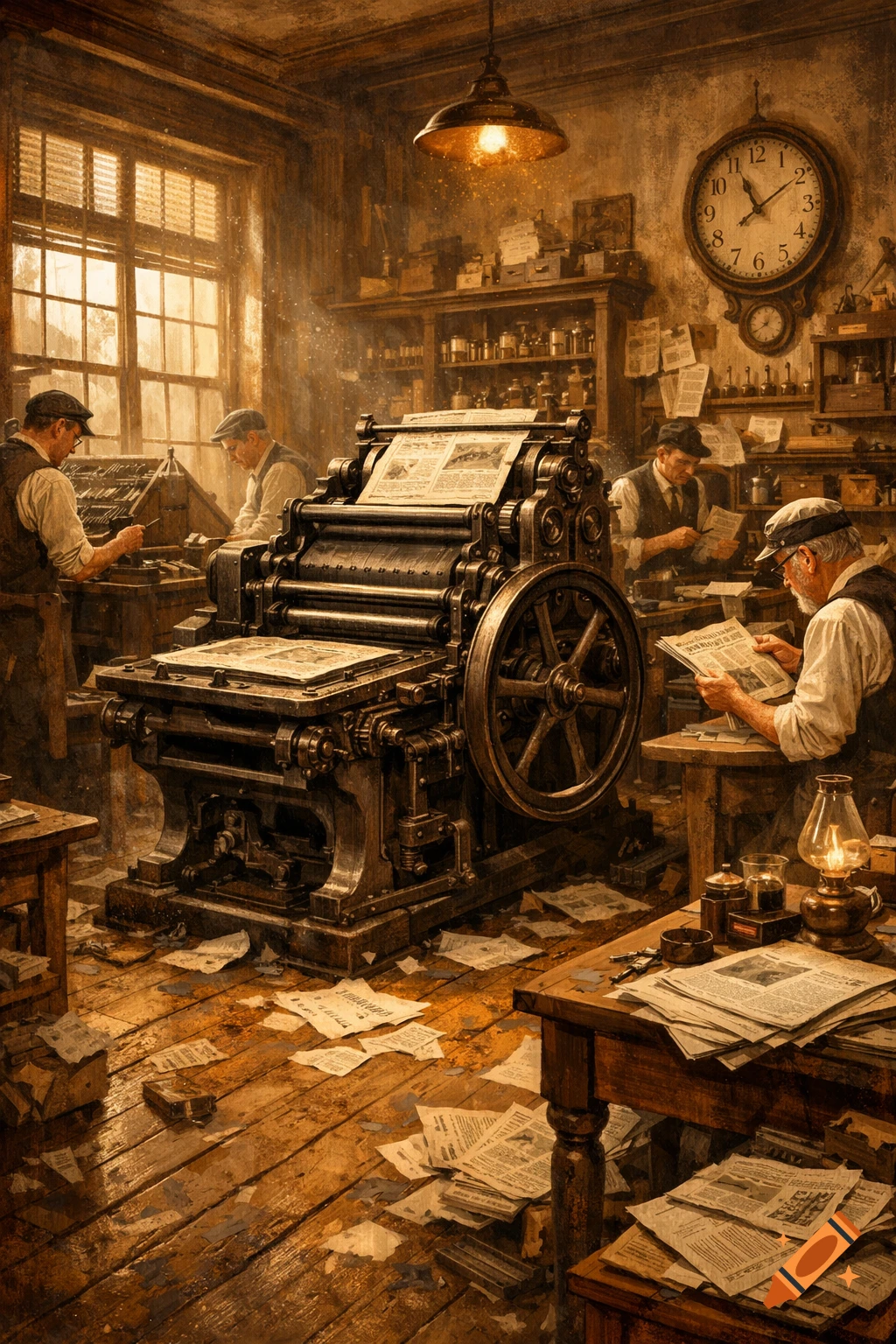 Old west newspaper office with a large printing press, men working, and papers scattered on the wooden floor in a vintage style.