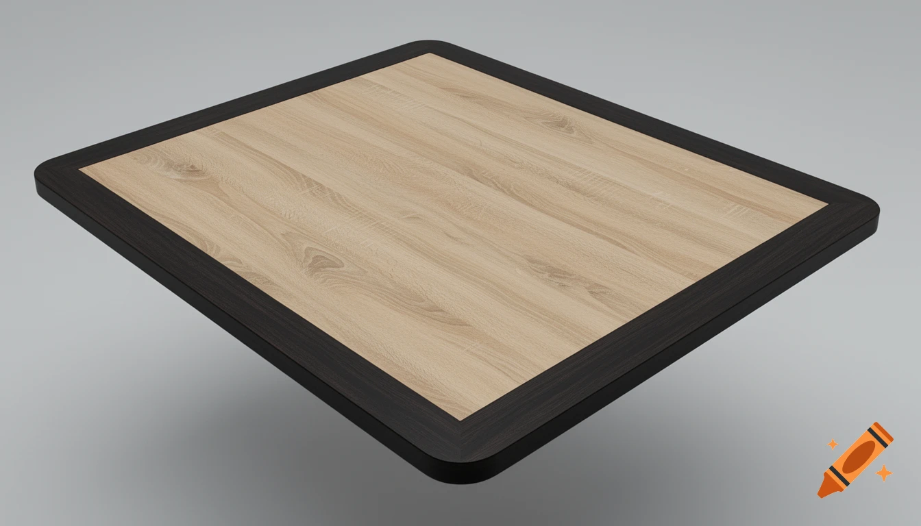 A square table top with light wood grain center and a dark wood border, viewed from an angle against a gray background.