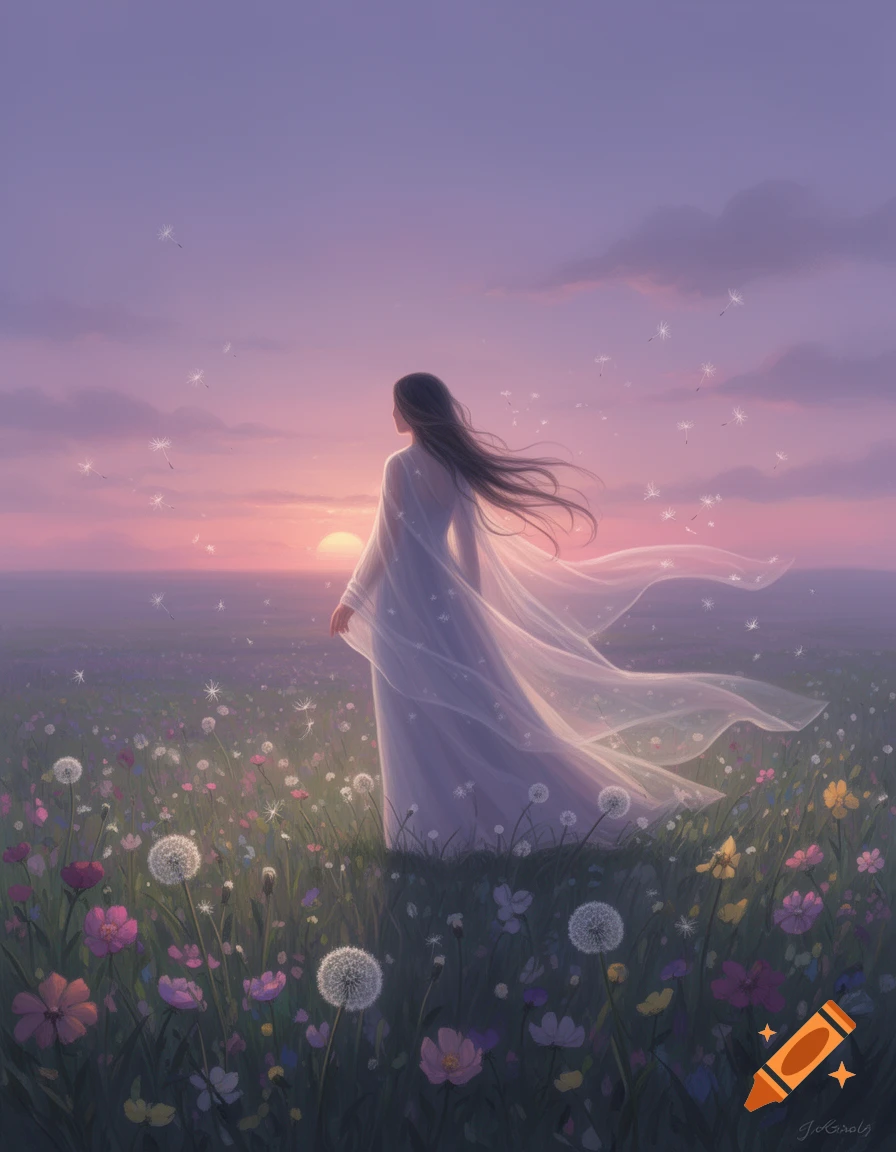 An ethereal woman with long hair and a flowing white dress stands in a ...