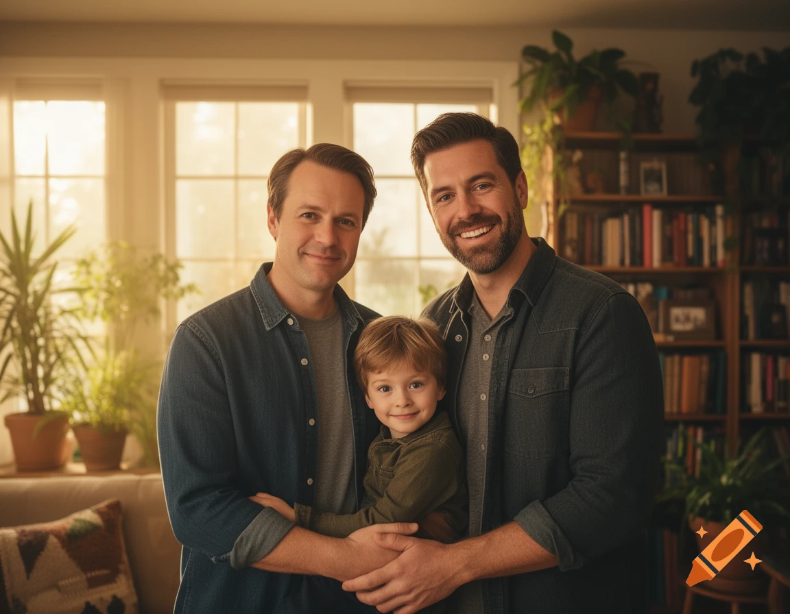 Photorealistic portrait of two smiling men and a young boy, embracing each other in a warm, sunlit living room with plants and a bookshelf.