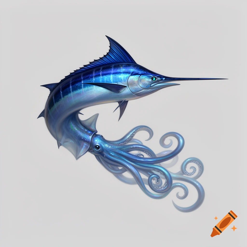 Blue marlin-squid hybrid creature, with a marlin's body and a squid's tentacles instead of a tail, on a light gray background.