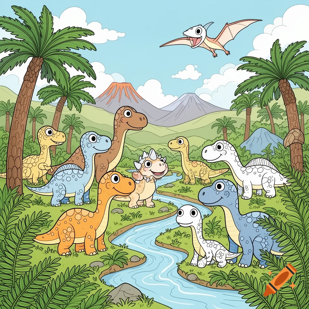 Happy cartoon dinosaurs of various types gather by a winding river in a lush prehistoric landscape with palm trees and volcanoes.