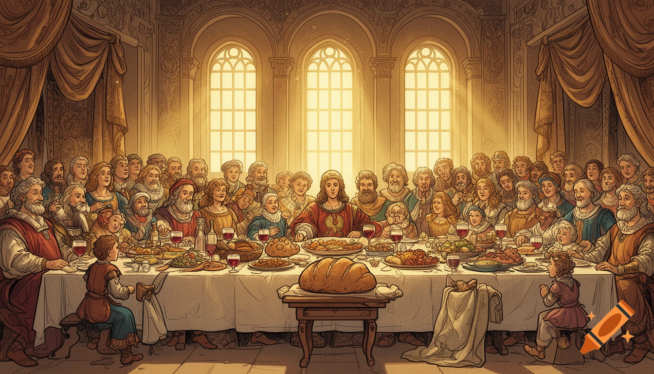 A large group of people in Renaissance clothing gather at a long table for a feast, depicted in a detailed comic art style.