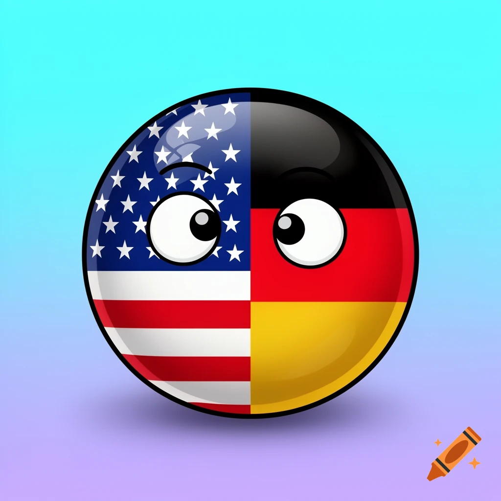 A cartoon countryball, split with the American flag on the left and the German flag on the right, with wide cartoon eyes.