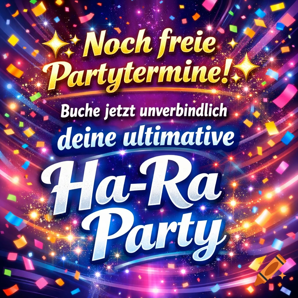 A vibrant party invitation with confetti and lights, featuring text that reads "Noch freie Partytermine! Buche jetzt unverbindlich deine ultimative Ha-Ra Party".