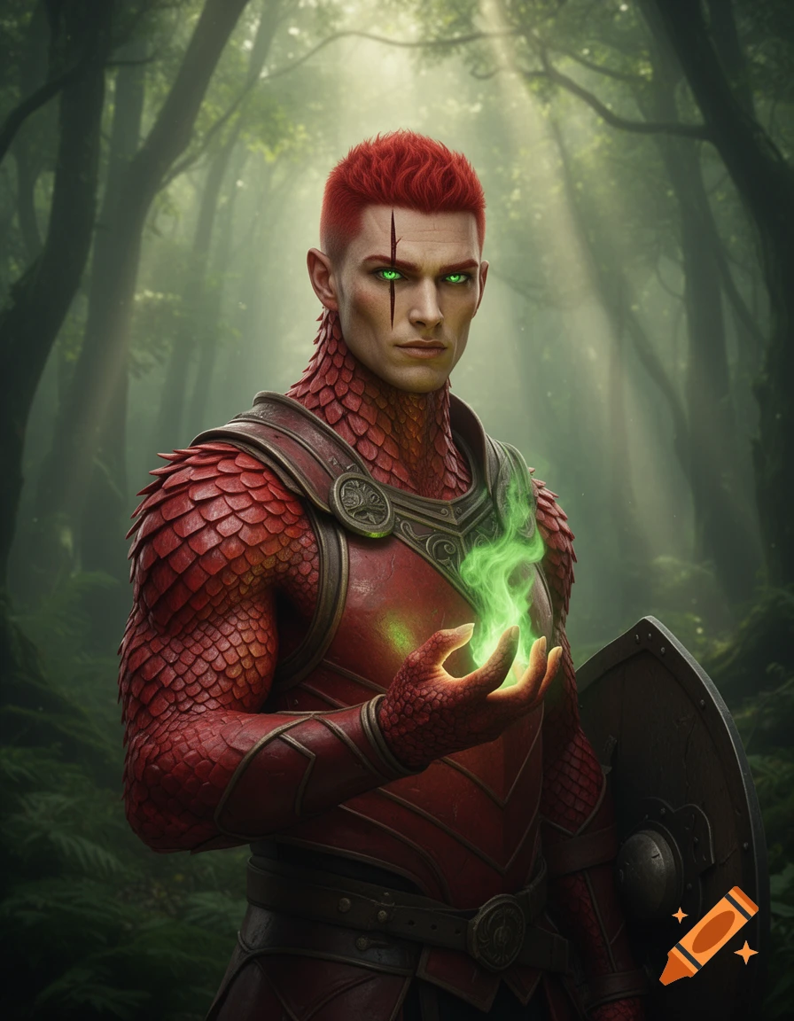 A male fantasy character with red scales, red hair, green eyes, and a scar holds green magic in a mystical forest.