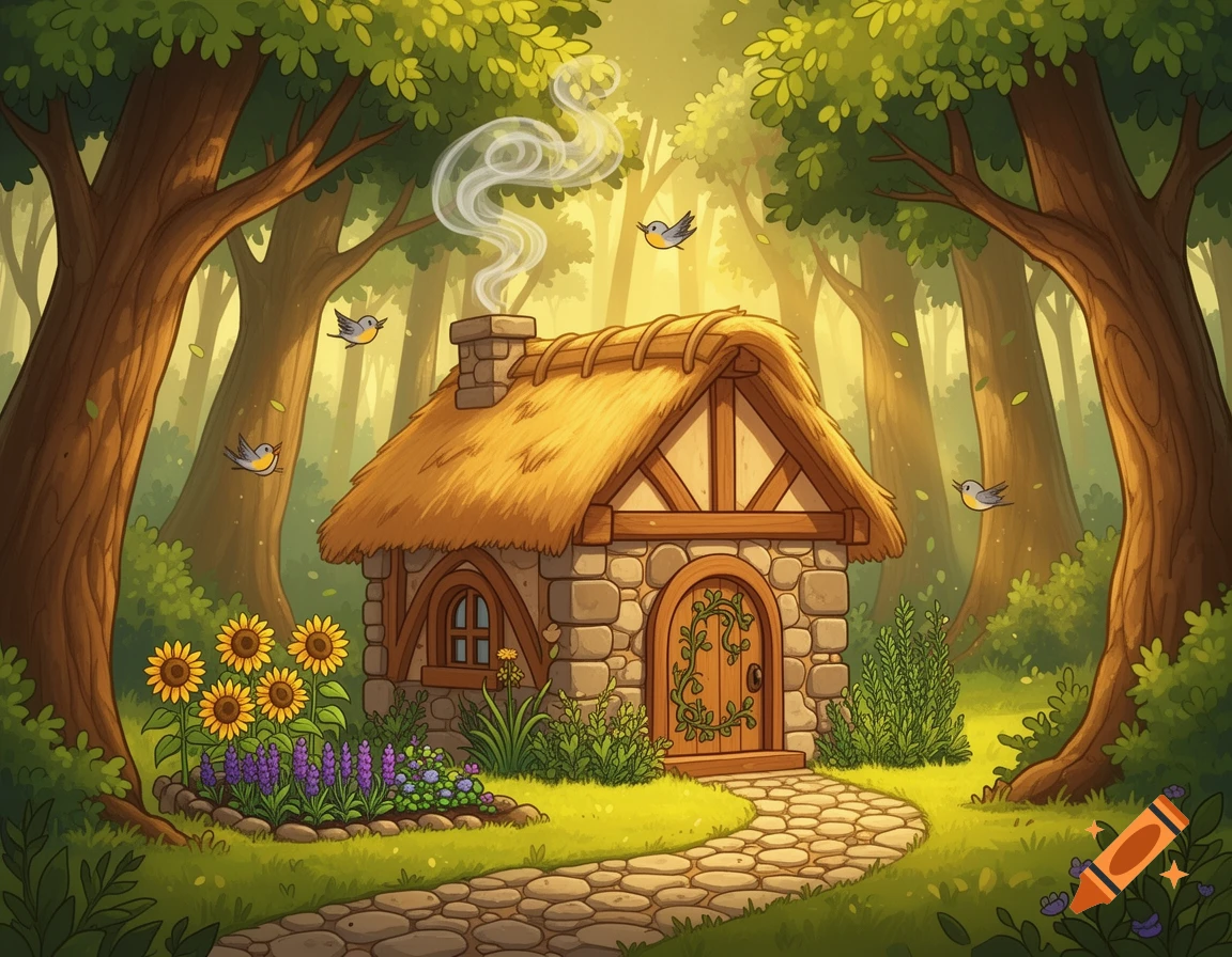 A cozy 2D cartoon cottage with a thatched roof, smoking chimney, and a flower garden in a sunny forest with a winding path.