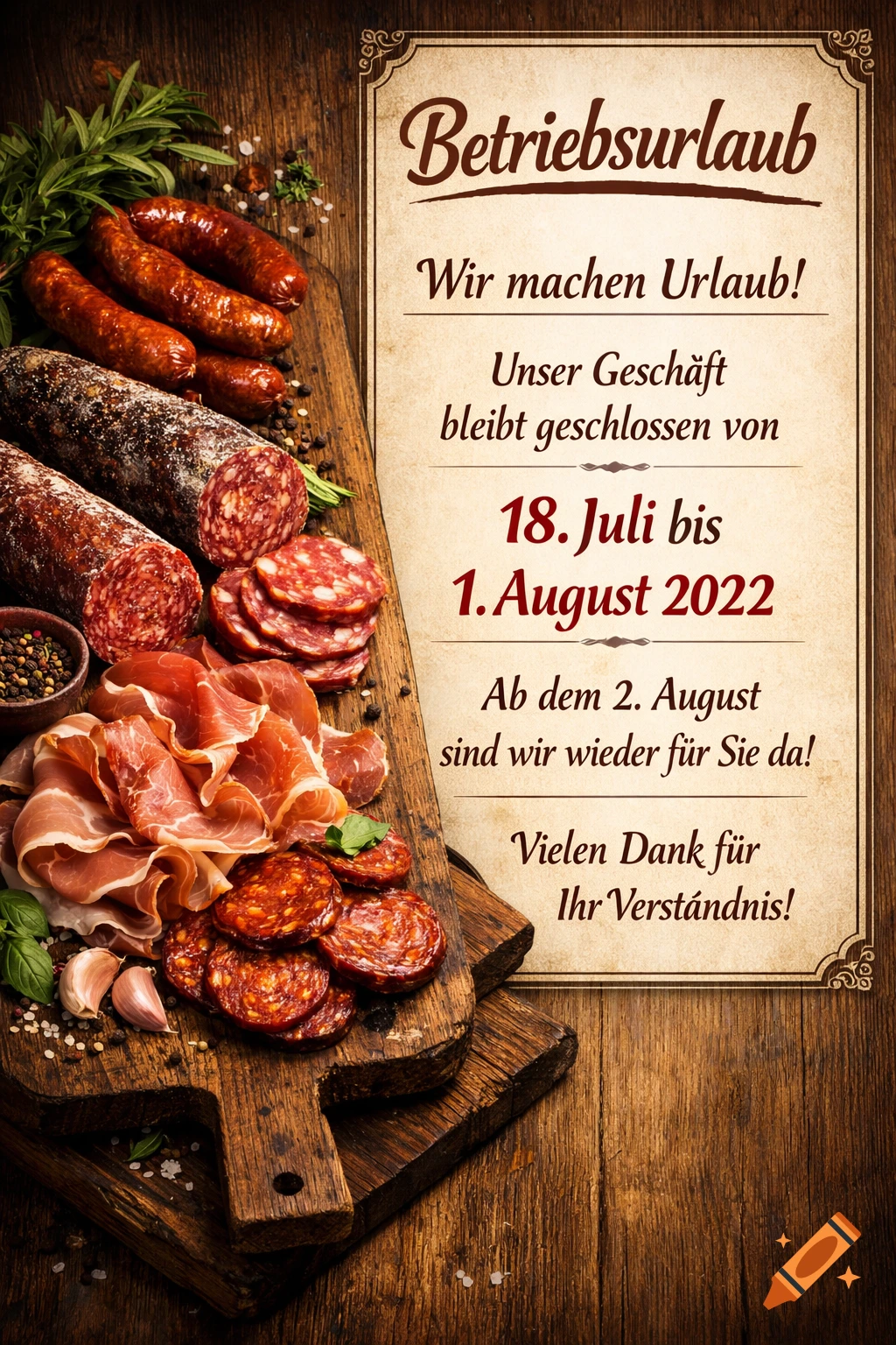 Assortment of cured meats, sausages, and salami on wooden cutting boards next to a framed sign announcing a butcher shop's vacation.