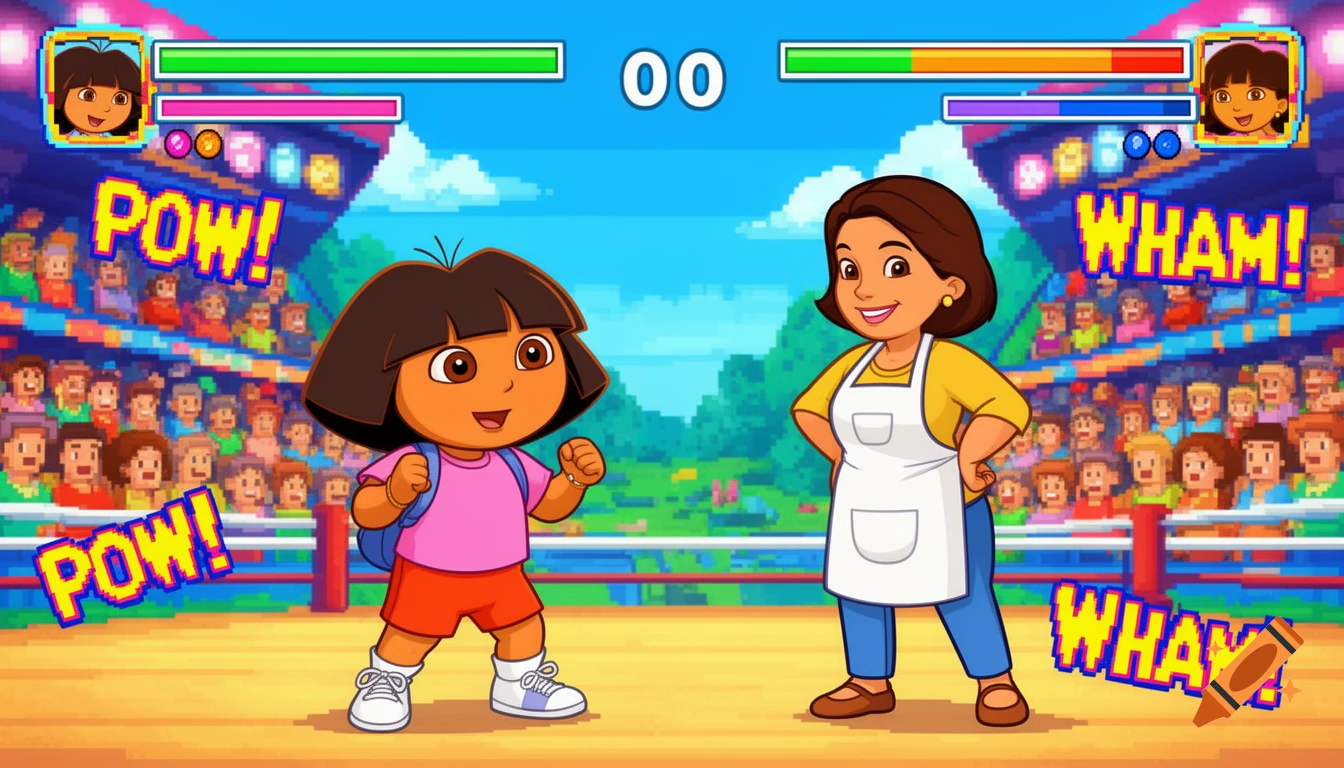 Cartoon image of Dora the Explorer and her mother in a fighting game arena with pixelated crowd and 'POW!' and 'WHAM!' text.