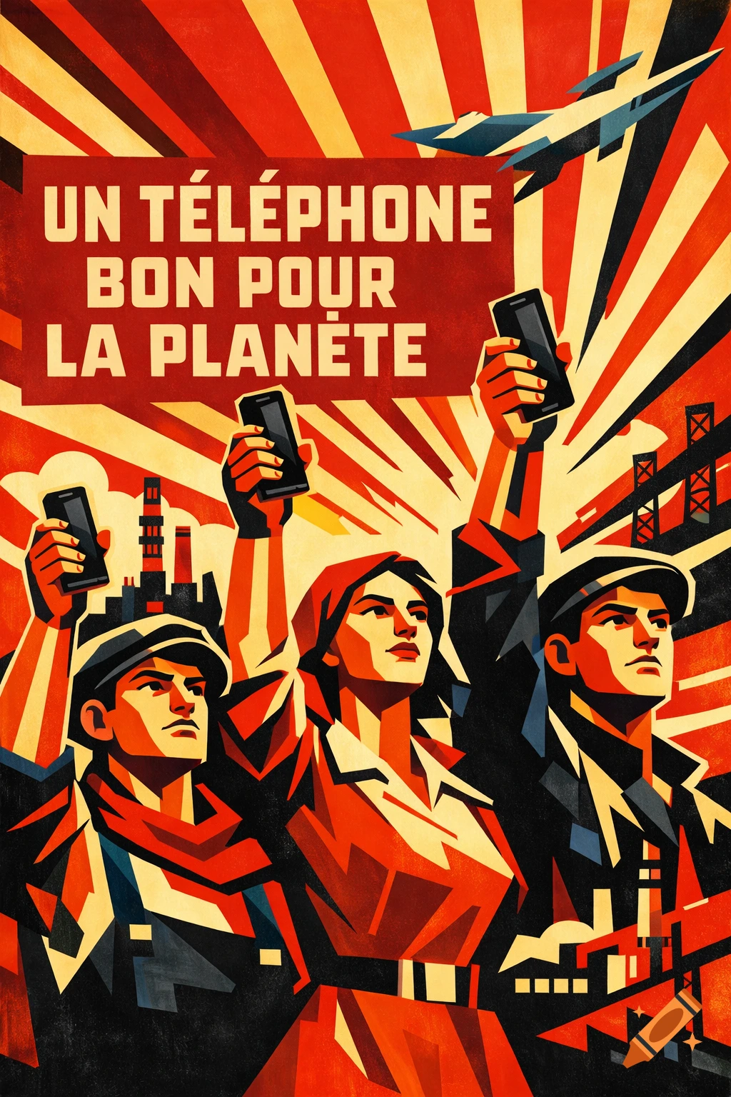 Soviet constructivist propaganda poster with three stylized people holding up mobile phones, text reads 'UN T\u00c9L EPHONE BON POUR LA PLAN T E'.