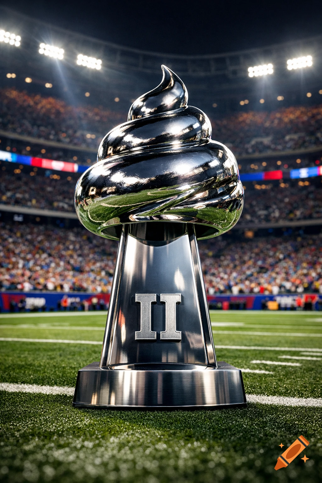 A photorealistic silver trophy with a poop-shaped top and Roman numeral II on its base, stands on a football field in a stadium.