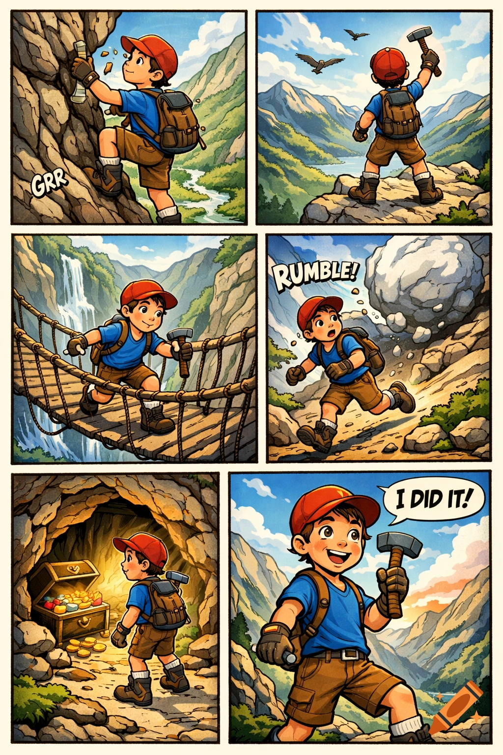 A 6-panel cartoon comic strip shows a boy on an adventure, climbing a mountain, crossing a bridge, running from a rock, finding treasure, and celebrating.