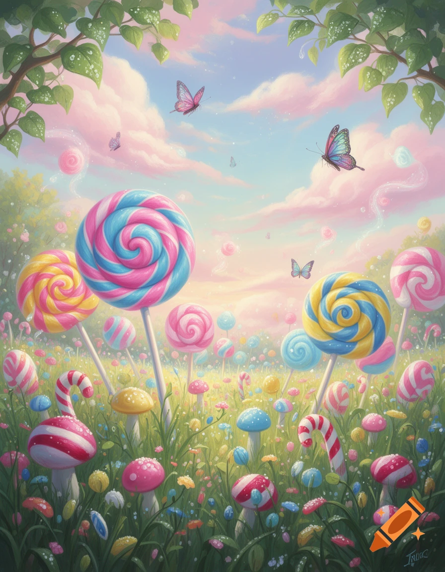 Whimsical fantasy landscape with colorful lollipops and candy cane mushrooms growing in a field under a pink and blue sky with butterflies.