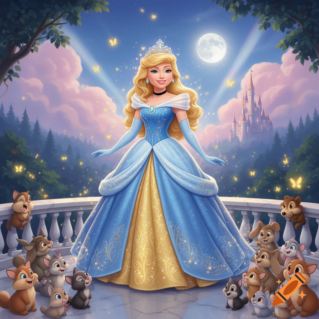 A blonde princess in a blue and gold gown stands on a balcony at night, surrounded by cute forest animals, with a castle and full moon in the background, in a cartoon style.