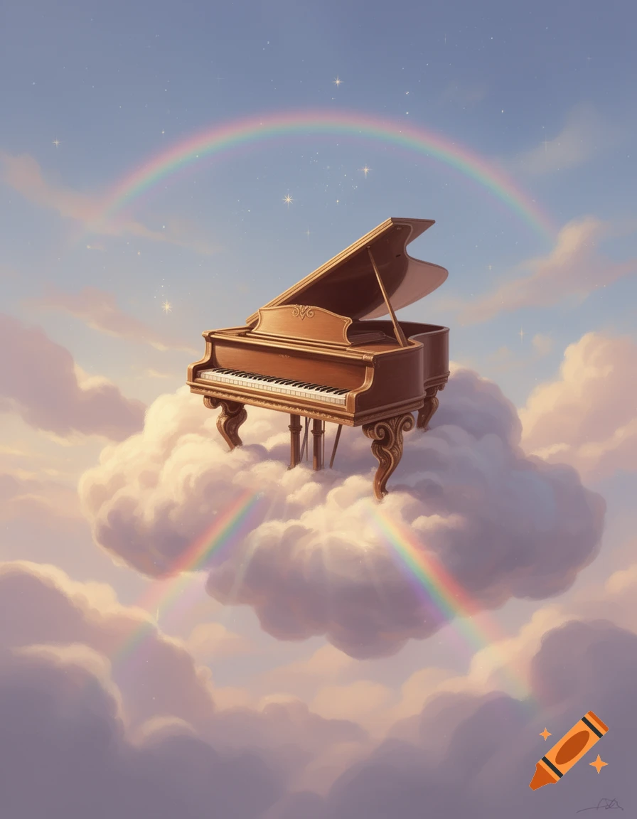 A golden grand piano floats on a fluffy cloud in a bright sky with a vibrant rainbow and shimmering stars.