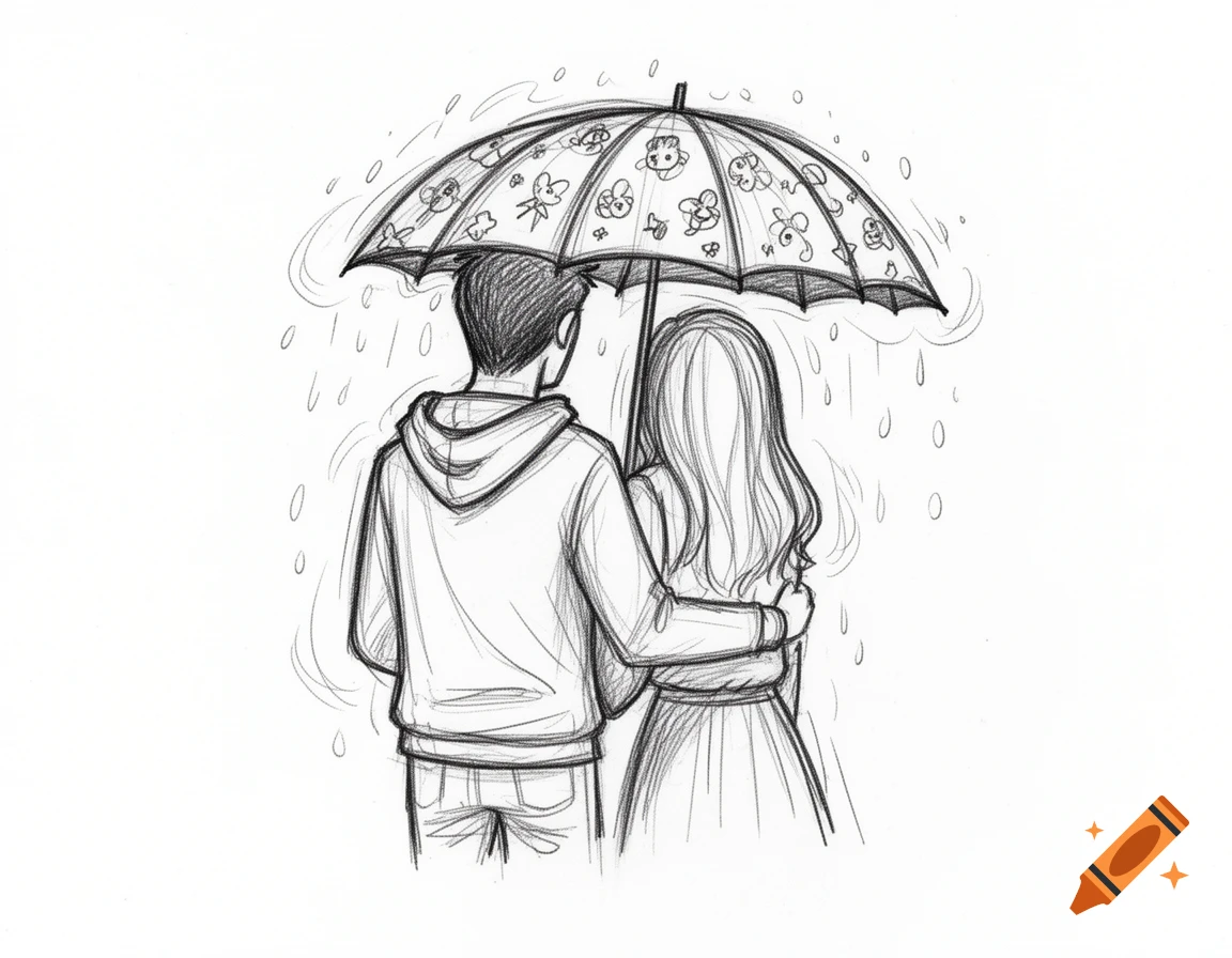 Sketch drawing of a man in a hoodie and a woman sharing an umbrella in the rain, viewed from behind.