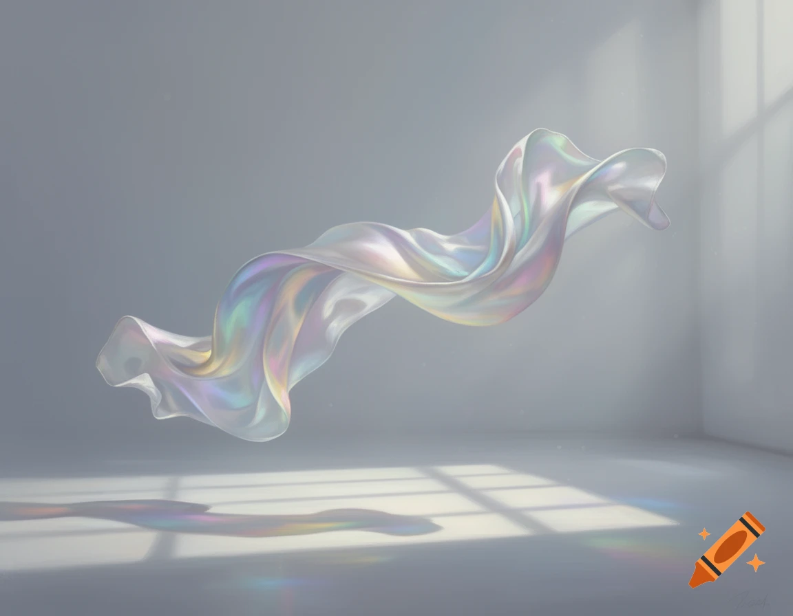 A flowing iridescent fabric ribbon floats in a minimalist gray room with sunlight casting shadows and colorful reflections.