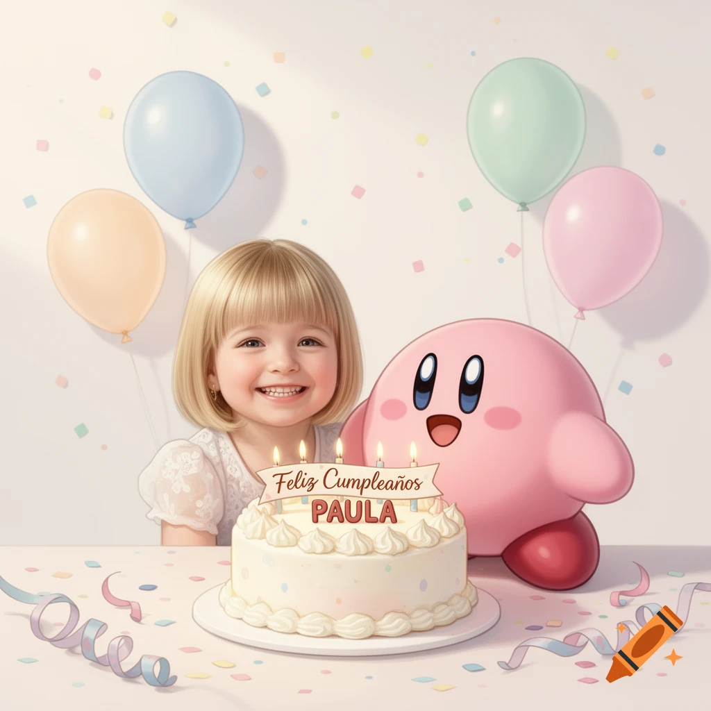 Semi-realistic illustration of a young girl with a blonde bob haircut smiling next to Kirby, a birthday cake, balloons, and confetti.
