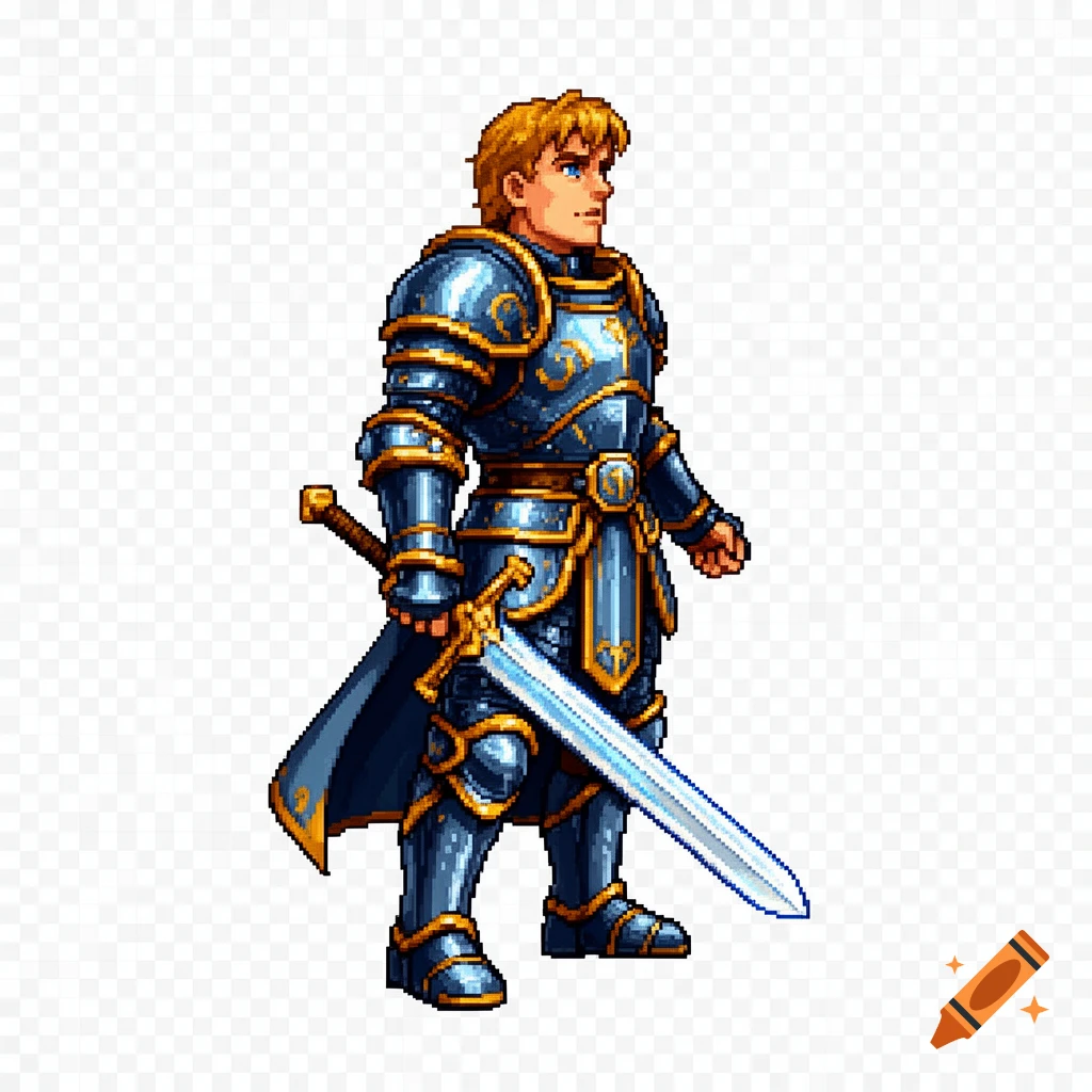 Pixel art fantasy warrior in blue and gold armor, holding a sword ...