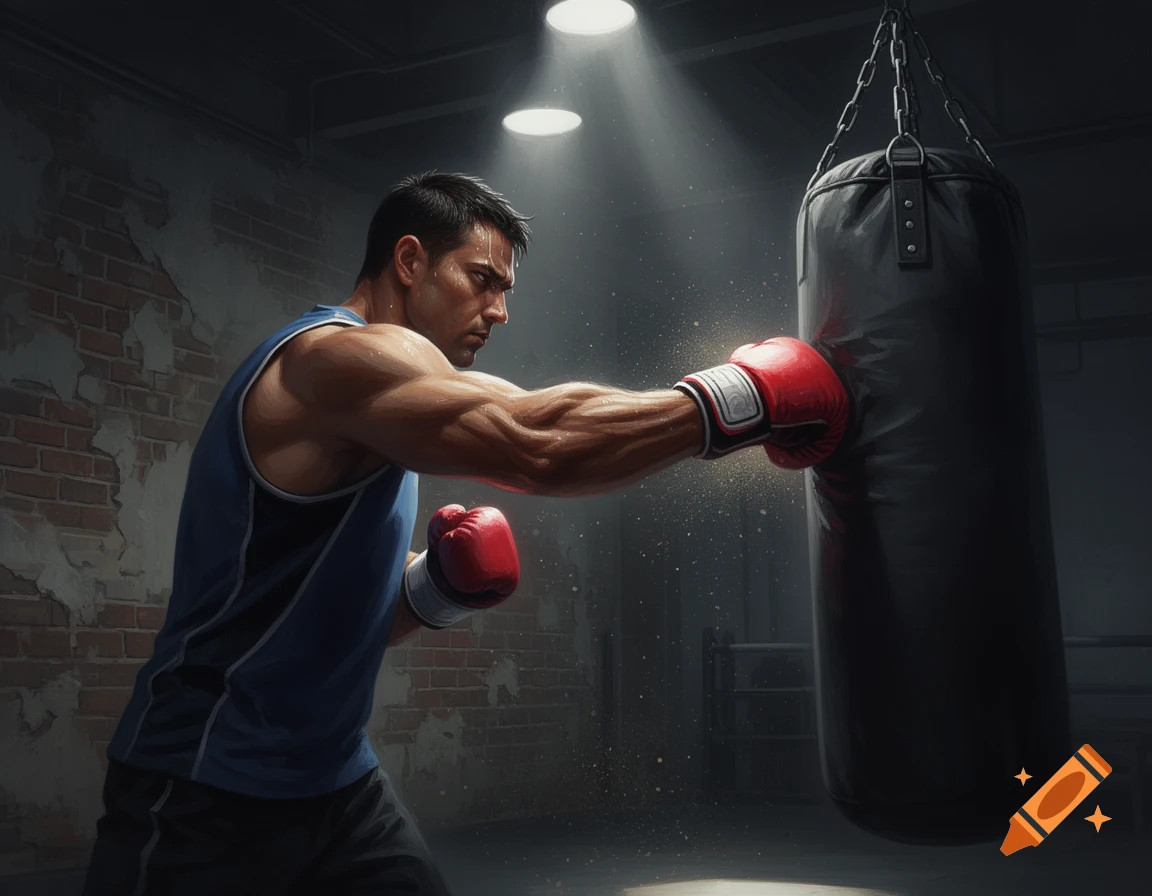 A muscular man in a blue tank top and red boxing gloves punches a heavy bag in a dimly lit gym.