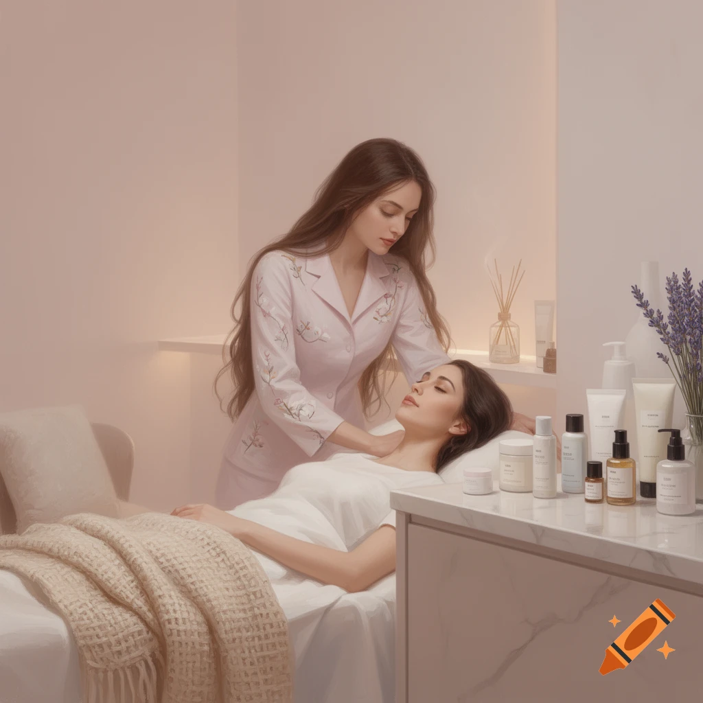 Two women in a soft-lit spa room, one giving a massage/facial to another, with beauty products on a counter. Photorealistic.