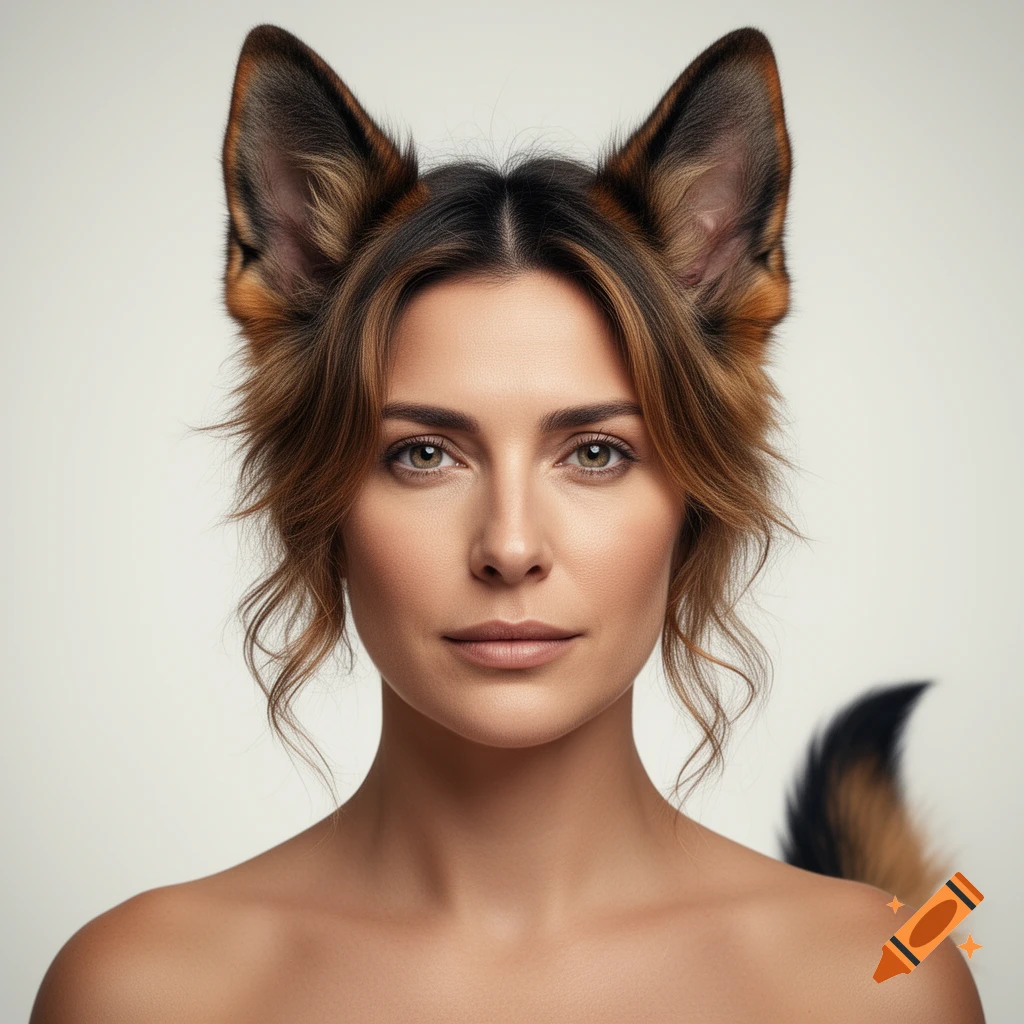 Hyperrealistic portrait of a woman with German Shepherd ears and a tail, looking directly at the viewer on a plain background.