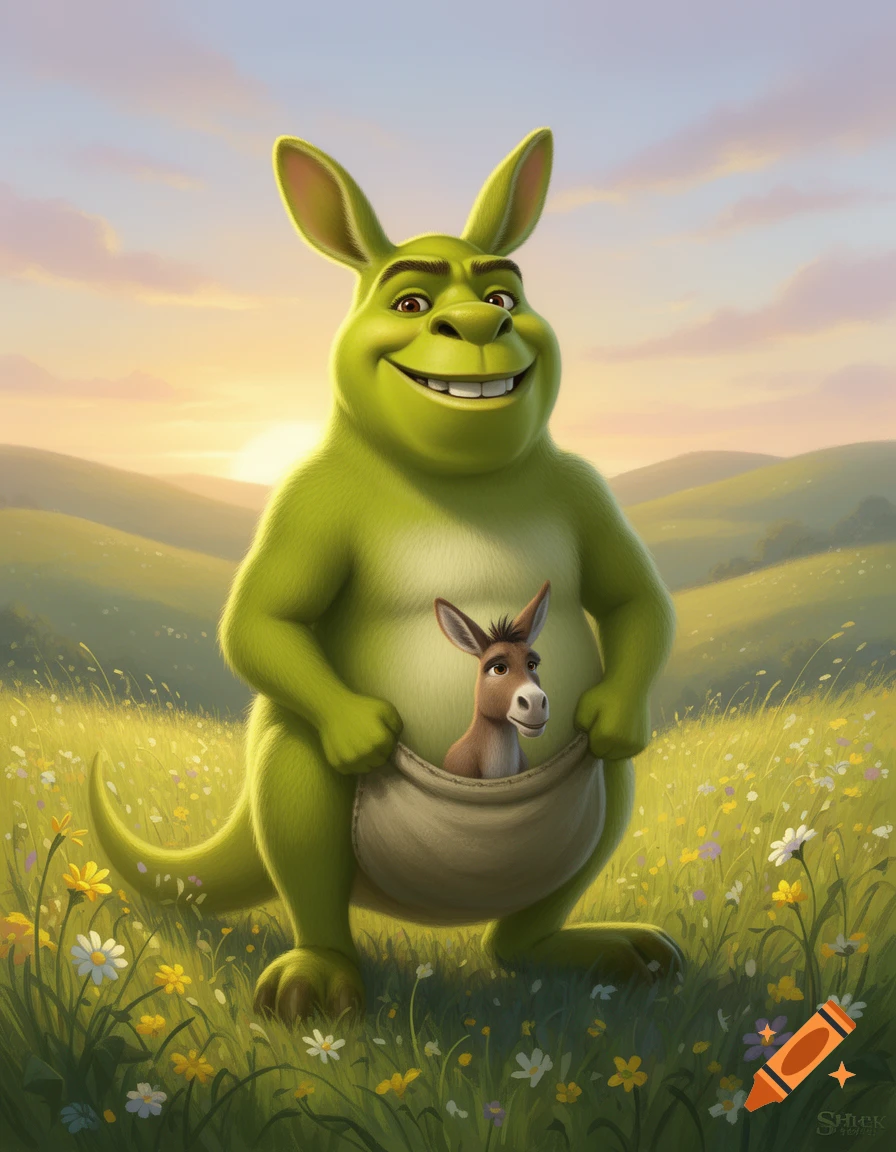 Cartoon Shrek as a green kangaroo with a baby donkey in its pouch, standing in a flower field at sunset.