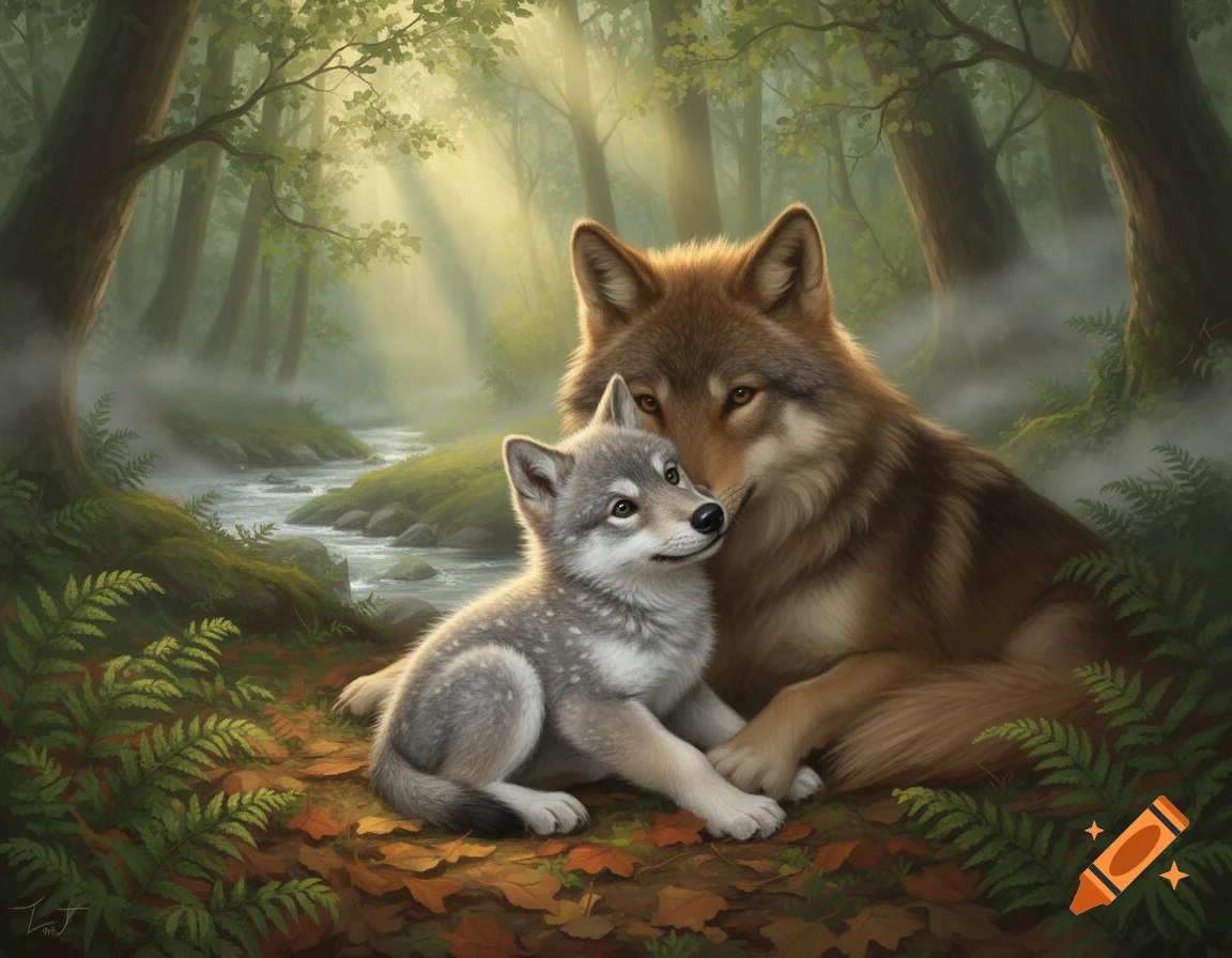 An adult wolf and a fluffy cub sit together in a misty forest with ...